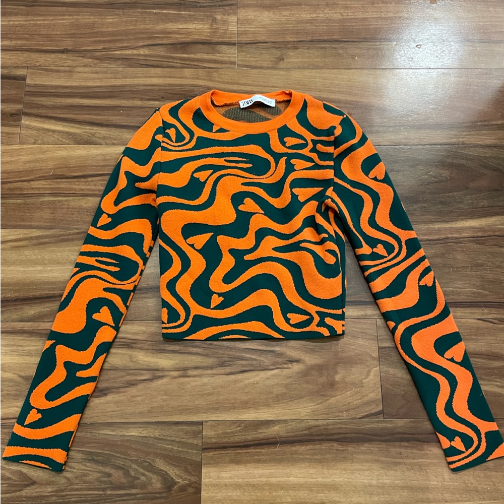 Zara Abstract Orange Green JACQUARD KNIT TOP Sweater Crop Pattern Small S